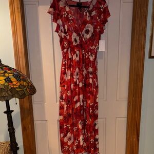Alexa B Red Floral Maxi Dress with V-Neck and Flutter Sleeves
